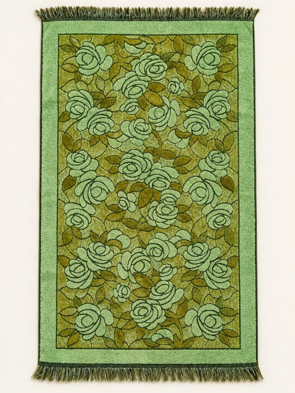 Vintage 70s Floral Bath Towel Set of 4 Green Olive Sage Retro MCM Fringe 42 x 24